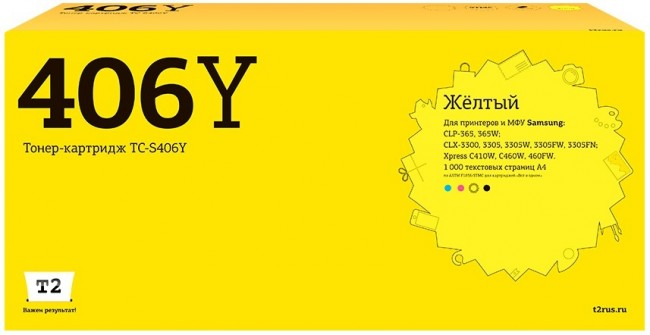 Лазерный картридж T2 TC-S406Y для принтеров Samsung CLP-365/ CLX-3300/ 3305/ Xpress C410 (1000 стр.) желтый, с чипом