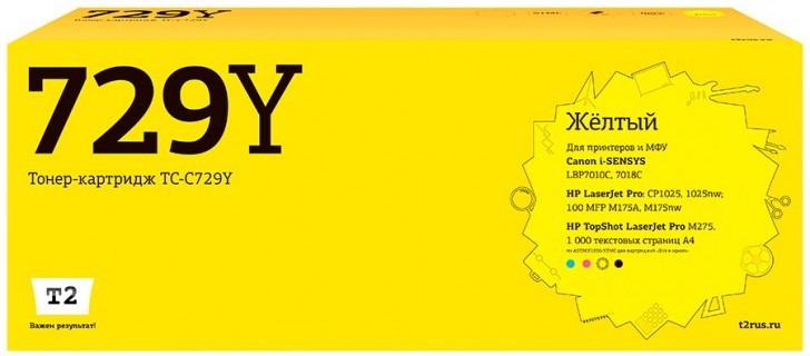 Лазерный картридж T2 TC-C729Y для принтеров HP LJ Pro CP1025/ Canon i-SENSYS LBP7010C (1000 стр.) желтый, с чипом Лазерный картридж T2 TC-C729Y для принтеров HP LJ Pro CP1025/ Canon i-SENSYS LBP7010C (1000 стр.) желтый, с чипом