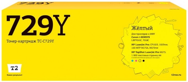 Лазерный картридж T2 TC-C729Y для принтеров HP LJ Pro CP1025/ Canon i-SENSYS LBP7010C (1000 стр.) желтый, с чипом