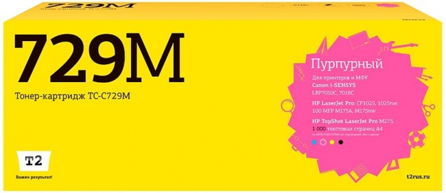 Лазерный картридж T2 TC-C729M для принтеров HP LJ Pro CP1025/ Canon i-SENSYS LBP7010C (1000 стр.) пурпурный, с чипом Лазерный картридж T2 TC-C729M для принтеров HP LJ Pro CP1025/ Canon i-SENSYS LBP7010C (1000 стр.) пурпурный, с чипом