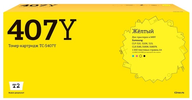 Лазерный картридж T2 TC-S407Y для принтеров Samsung CLP-320/ 325/ CLX-3185 (1000 стр.) желтый, с чипом Лазерный картридж T2 TC-S407Y для принтеров Samsung CLP-320/ 325/ CLX-3185 (1000 стр.) желтый, с чипом