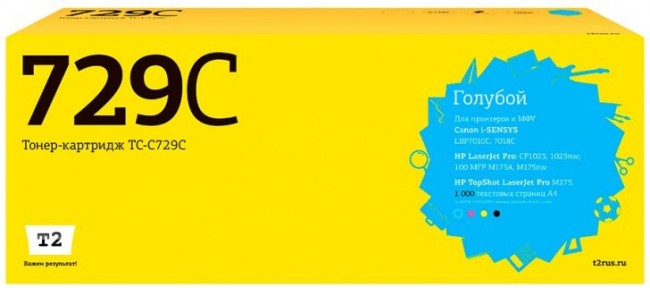 Лазерный картридж T2 TC-C729C для принтеров HP LJ Pro CP1025/ Canon i-SENSYS LBP7010C (1000 стр.) голубой, с чипом Лазерный картридж T2 TC-C729C для принтеров HP LJ Pro CP1025/ Canon i-SENSYS LBP7010C (1000 стр.) голубой, с чипом