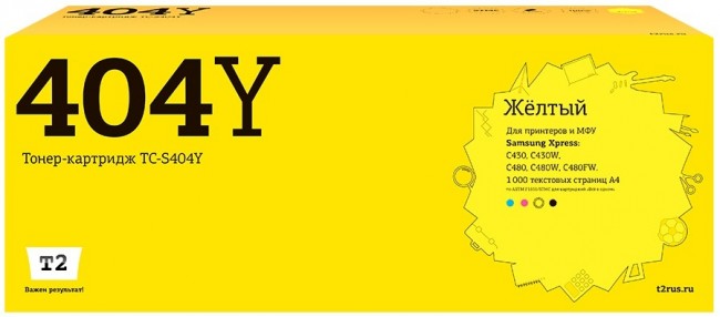 Лазерный картридж T2 TC-S404Y для принтеров Samsung Xpress SL-C430/ C430W/ C480/ C480W/ C480FW (1000 стр.) желтый, с чипом