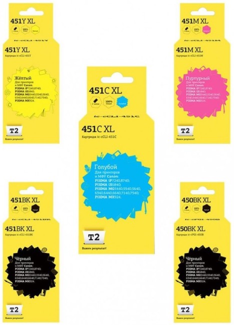 Комплект картриджей T2 IC-CCLI-451XL_MP для принтеров Canon PGI-450BK XL/ CLI-451 XL, пигментный черный, черный, голубой, пурпурный, желтый Комплект картриджей T2 IC-CCLI-451XL_MP для принтеров Canon PGI-450BK XL/ CLI-451 XL, пигментный черный, черный, голубой, пурпурный, желтый