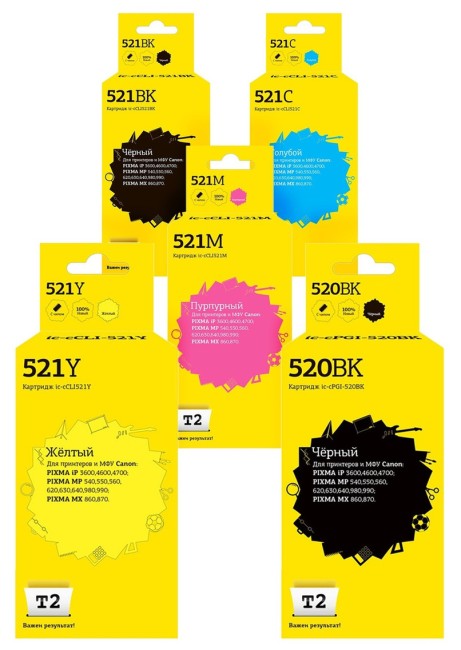 Комплект струйных картриджей T2 IC-CCLI-521_MP для принтеров CanonPGI-520BK/ CLI-521, пигментный черный, черный, голубой, пурпурный, желтый