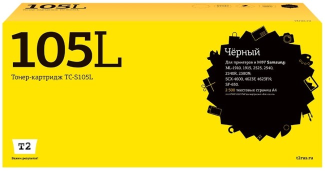 Лазерный картридж T2 TC-S105L для принтеров Samsung ML-1910/ 1915/ 2525/ 2580N/ SCX-4600/ 4623F/ SF-650 (2500 стр.) черный, с чипом