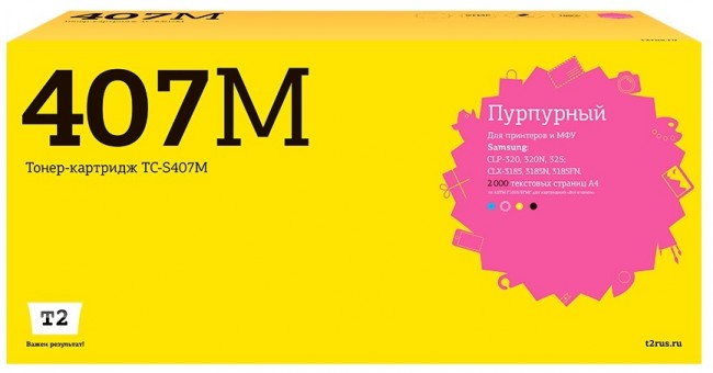 Лазерный картридж T2 TC-S407M для принтеров Samsung CLP-320/ 325/ CLX-3185 (1000 стр.) пурпурный, с чипом Лазерный картридж T2 TC-S407M для принтеров Samsung CLP-320/ 325/ CLX-3185 (1000 стр.) пурпурный, с чипом