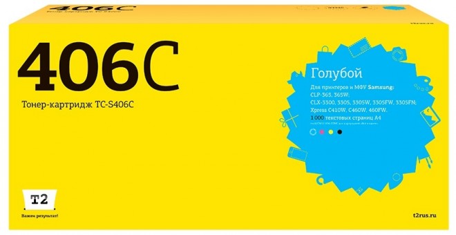 Лазерный картридж T2 TC-S406C для принтеров Samsung CLP-365/ CLX-3300/ 3305/ Xpress C410 (1000 стр.) голубой, с чипом