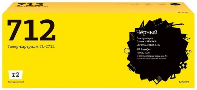 Лазерный картридж T2 TC-C712 для принтеров HP LaserJet P1005/ P1006/ Canon i-SENSYS LBP3010/ 3100 (1500 стр.) черный, с чипом